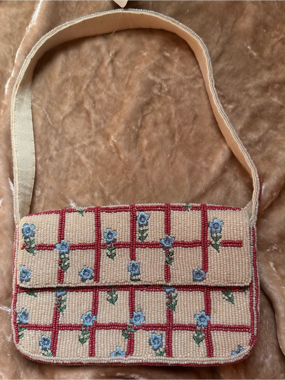 Anthropologie fiona Beaded Floral Grid Shoulder Bag Beige Red check blue flowers